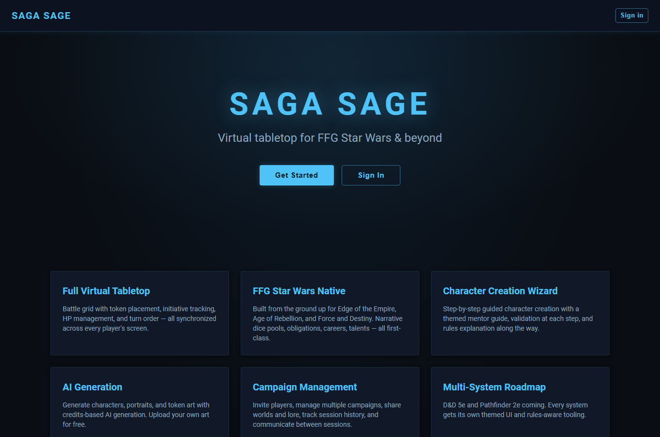SagaSage landing page with its virtual tabletop and campaign-management feature overview